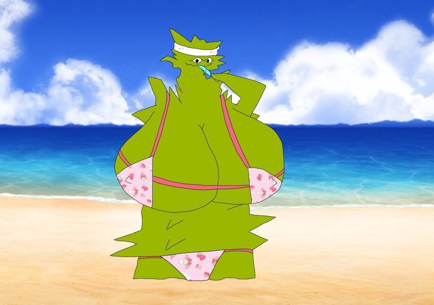 absurd_res accessory adult_swim alien aqua_teen_hunger_force beach beach_background big_breasts bikini bra breast_size_difference breasts cartoon_network clothing emory_(athf) food headband hi_res huge_breasts looking_at_viewer male my_melody onegai_my_melody plutonian plutonian_(athf) popsicle popsicle_in_mouth popsicle_melting sanrio seaside spikes sweatband swimwear taradoggo underwear