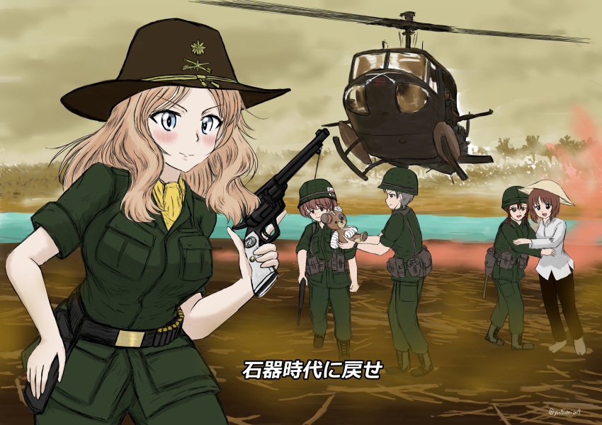 5girls absurdres aircraft alisa_(girls_und_panzer) apocalypse_now blonde_hair boko_(girls_und_panzer) brown_hair cowboy_hat girls_und_panzer gun hat helicopter helmet helmet-chan_(girls_und_panzer) highres jungle kay_(girls_und_panzer) lieutenant_colonel_william_kilgore military military_uniform multiple_girls naomi_(girls_und_panzer) nature nishizumi_miho porotto_yontouhei revolver rifle river scarf straw_hat subtitled uh-1_iroquois uniform vietnamese_clothes weapon