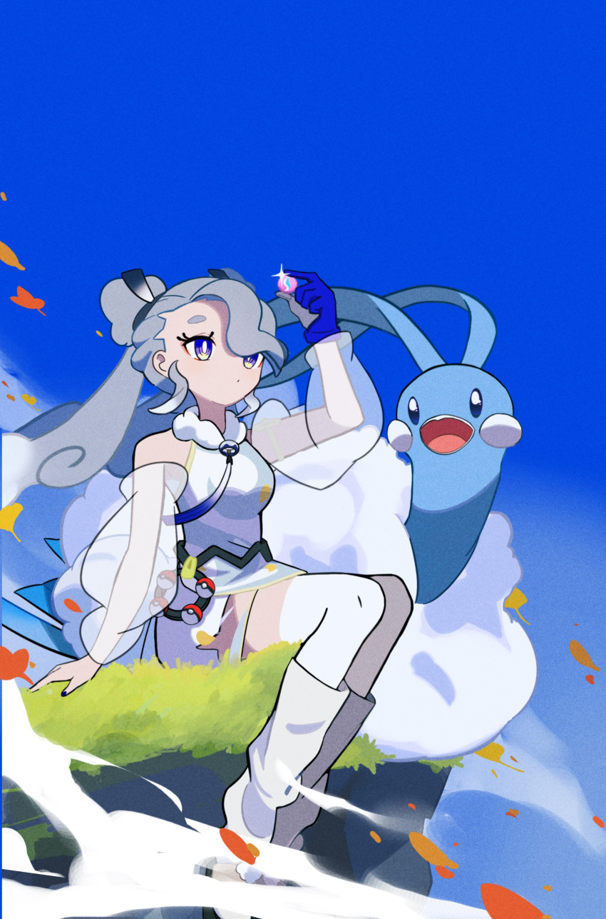 1girl absurdres altaria arm_support arm_up bare_shoulders black_nails blue_eyes boots bright_pupils closed_mouth commentary_request day eyelashes flying_miku_(project_voltage) glint grey_hair hatsune_miku highres holding holster long_hair makkusu_(max071500) nail_polish outdoors poke_ball poke_ball_(basic) pokemon pokemon_(creature) project_voltage see-through see-through_sleeves sitting sky sleeveless thighhighs twintails vocaloid white_pupils white_thighhighs