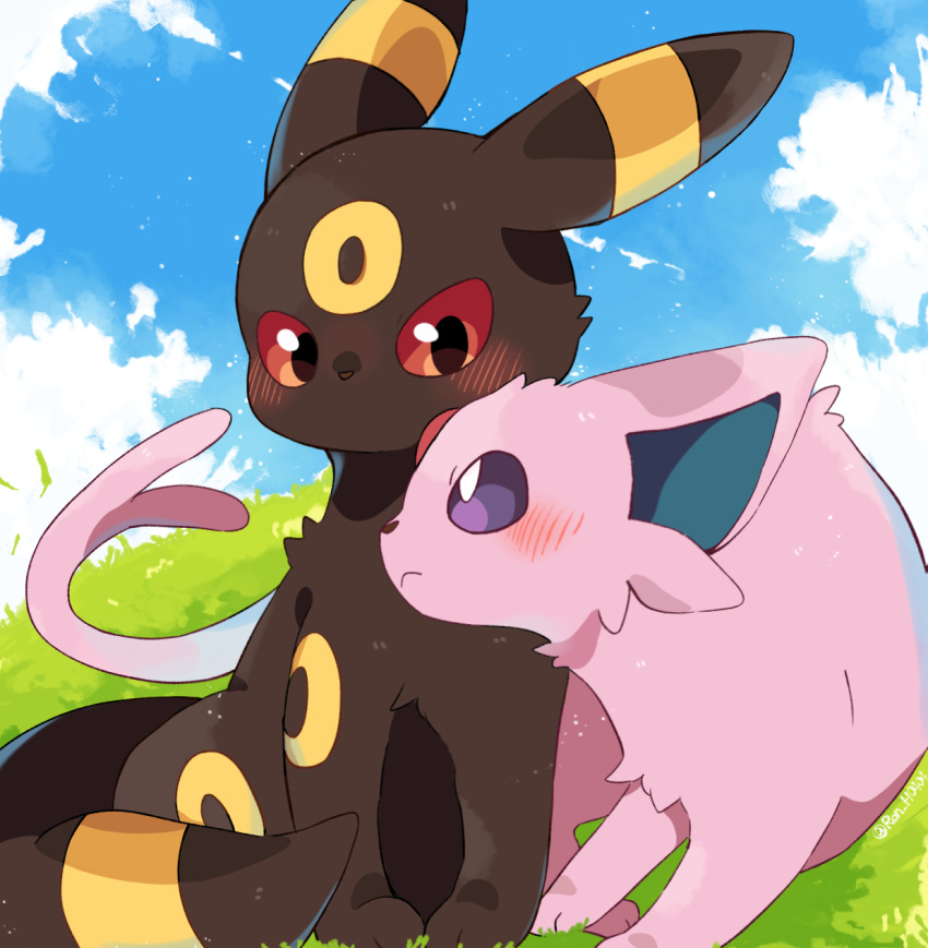 2022 :&lt; ambiguous/ambiguous ambiguous_gender black_body black_ears black_fur black_nose black_pupils black_tail black_tail_tip blue_inner_ear blush canid cheek_tuft cloud colored day detailed_background digital_media_(artwork) duo ear_markings eeveelution espeon facial_markings facial_tuft felid feline feral feral_on_feral forehead_gem forehead_markings forked_tail fur generation_2_pokemon glistening glistening_eyes grass head_markings hi_res kemono leg_markings looking_at_another looking_at_partner mammal markings monotone_body monotone_ears monotone_fur monotone_tail multicolored_body multicolored_ears multicolored_fur multicolored_tail nintendo no_sclera nuzzling outside pink_body pink_ears pink_fur pink_tail plant pokemon pokemon_(species) pupils purple_eyes red_eyes ring_(marking) romantic romantic_couple ron_h0404 shaded sitting sky standing tail tail_markings tuft two_tone_body two_tone_ears two_tone_fur two_tone_tail umbreon unusual_anatomy unusual_tail white_pupils yellow_body yellow_ears yellow_fur yellow_markings yellow_tail