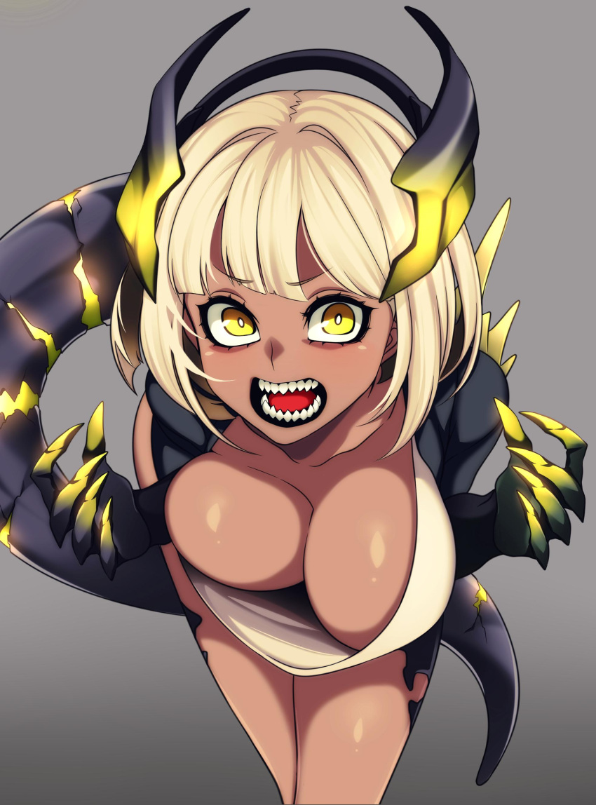 1girl absurdres bent_over black_horns blonde_hair breasts claws dark_skin dragon_girl dragon_horns glowing_tail grey_background highres horns hz_(666v) large_breasts looking_at_viewer no_bra open_clothes open_mouth open_shirt original sharp_teeth short_hair solo spikes tail teeth thighs tongue two-tone_horns yellow_eyes yellow_horns