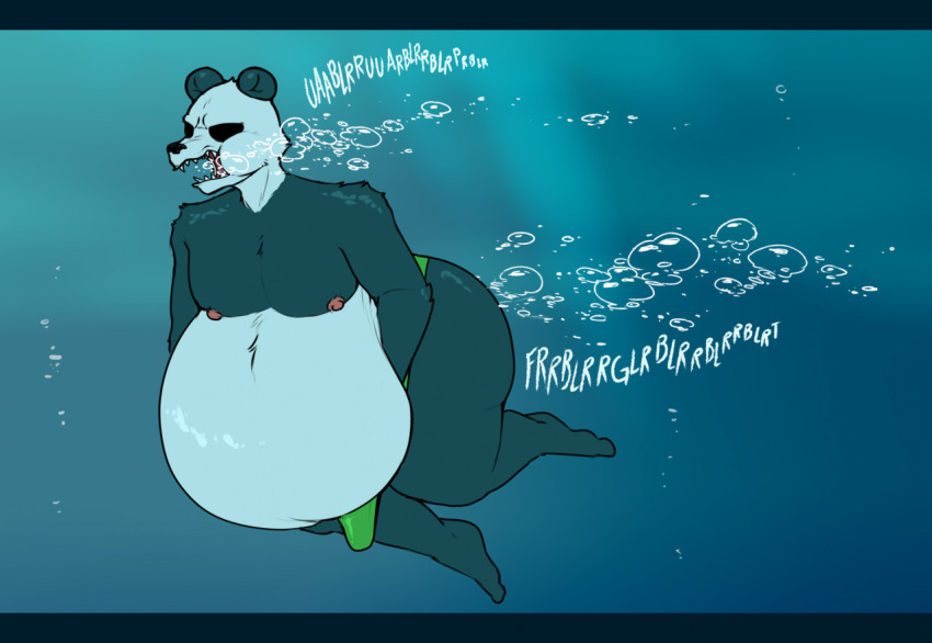 anthro bear beastars belly belly_overhang belly_tuft black_and_white_fur bloated bubble bubbleburps_(artist) bulge burp_fetish burping clothed clothing fart fart_bubbles fart_fetish fur giant_panda gouhin_(beastars) holding_belly huge_belly male mammal multicolored_body multicolored_fur nipples open_mouth overweight overweight_male partially_clothed pool solo sound_effects swimming thick_thighs thong thong_only topless tuft two_tone_body two_tone_fur underwater underwater_scenery underwear underwear_only water wide_hips