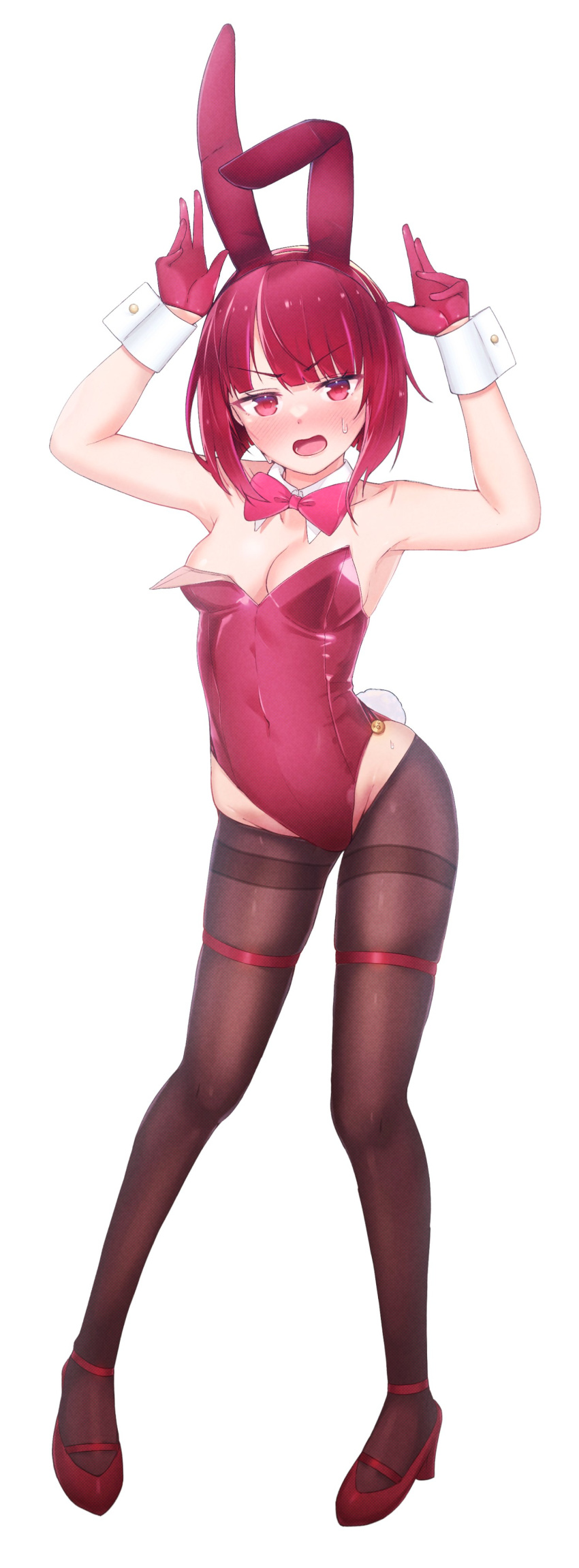 1boy absurdres animal_ears arima_kana black_socks blush bob_cut bow bowtie breasts cosmicj22 dress full_body gloves high_heels highres inverted_bob looking_at_viewer open_mouth oshi_no_ko pink_bow pink_bowtie pink_gloves rabbit_ears rabbit_tail red_eyes red_footwear red_hair short_hair shy simple_background socks solo tail tight_clothes tight_dress white_background