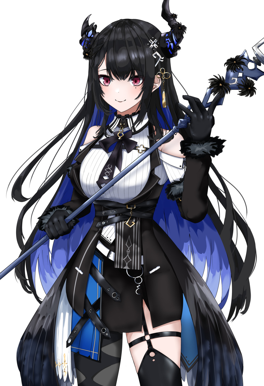 1girl absurdres aidoruhakase asymmetrical_horns black_dress black_gloves black_hair black_thighhighs blue_hair colored_inner_hair dress fur_trim gloves hair_ornament highres hololive hololive_english horns long_hair looking_at_viewer mole mole_under_eye multicolored_hair nerissa_ravencroft red_eyes simple_background smile solo staff thigh_strap thighhighs two-tone_hair uneven_horns virtual_youtuber white_background