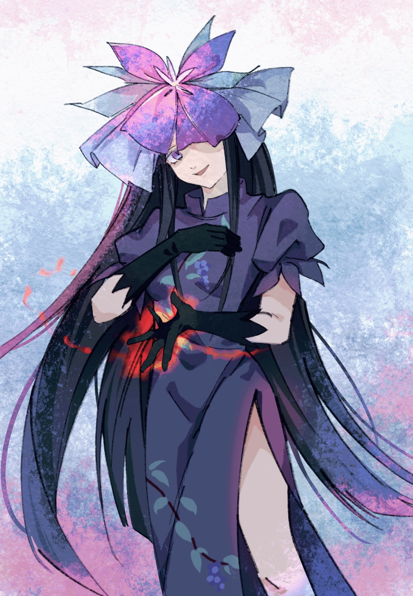 1girl baibaibaibaibaijin black_gloves black_hair china_dress chinese_clothes dress feet_out_of_frame flower flower_on_head food_print fruit_print gloves grape_print highres long_hair open_mouth purple_dress purple_eyes purple_flower short_sleeves smile solo touhou unfinished_dream_of_all_living_ghost vine_print yomotsu_hisami