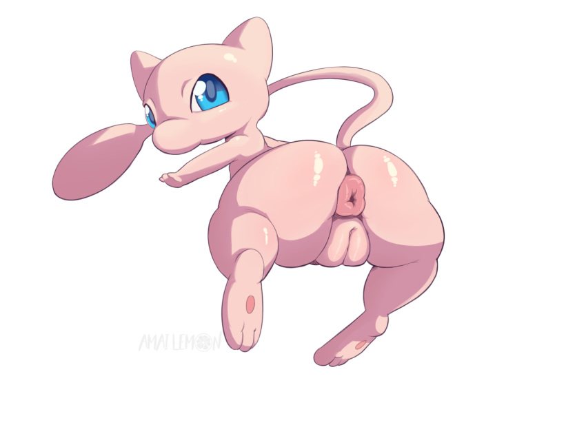 amailemon anus ass_up big_anus big_butt blue_eyes butt butt_focus female feral fur generation_1_pokemon genitals huge_butt legendary_pokemon looking_at_viewer looking_back mew_(pokemon) nintendo pink_anus pink_body pink_fur pink_pussy pokemon pokemon_(species) pussy rear_view simple_background solo tail thick_thighs