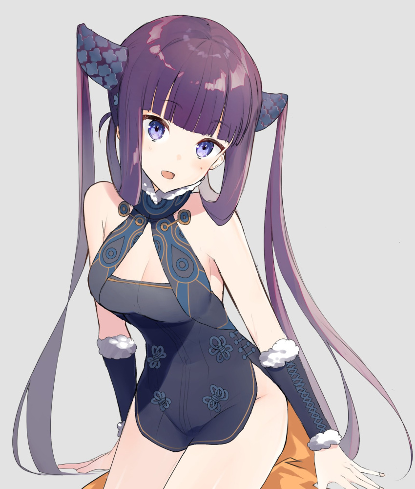 1girl :d bangs blunt_bangs breasts china_dress chinese_clothes cleavage cowboy_shot dress eka_eri fate/grand_order fate_(series) grey_background hair_ornament halterneck highres long_hair looking_at_viewer parted_lips purple_eyes purple_hair side_slit simple_background smile solo twintails wrist_cuffs yang_guifei_(fate)