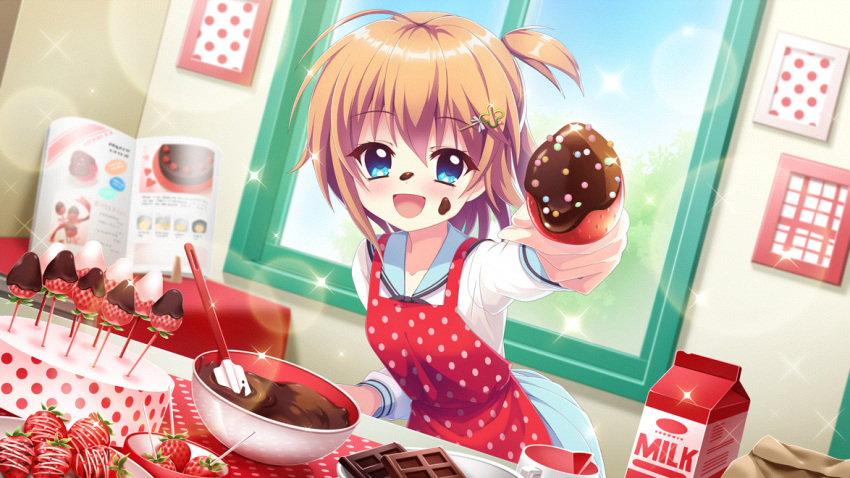 1girl ahoge apron baking blue_eyes blue_sailor_collar blue_skirt blue_sky blurry blurry_background candy chocolate chocolate_bar chocolate_on_face day dot_nose dutch_angle film_grain food food_on_face fruit game_cg hair_ornament hairclip holding holding_food holding_fruit icing incoming_food indoors izumi_tsubasu lens_flare long_sleeves looking_at_viewer milk_carton mixing_bowl non-web_source official_art one_side_up open_magazine open_mouth orange_hair picture_(object) polka_dot polka_dot_apron re:stage! recipe_(object) red_apron sailor_collar school_uniform shikimiya_mana short_hair skirt sky smile solo sparkle spatula strawberry toothpick window