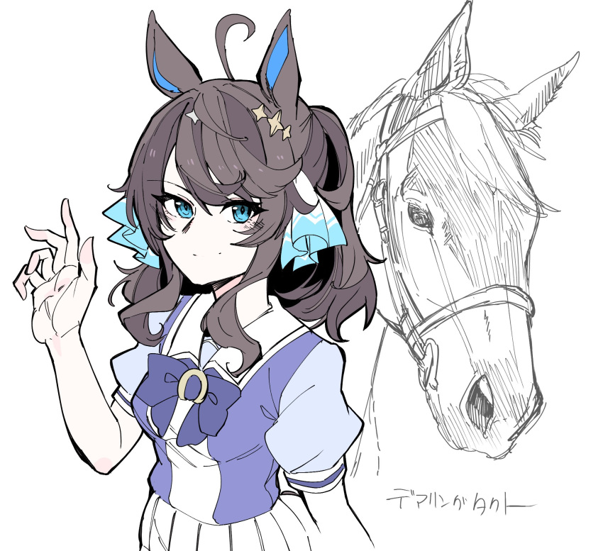 1girl ahoge animal_ears blue_eyes bow bowtie bridle brown_hair character_name commentary creature_and_personification daring_tact_(racehorse) daring_tact_(umamusume) hair_ornament highres horse horse_ears horse_girl looking_at_viewer pleated_skirt puffy_short_sleeves puffy_sleeves purple_bow purple_bowtie purple_shirt real_life sailor_collar sailor_shirt school_uniform shirt short_sleeves sidelocks simple_background sketch skirt star_(symbol) star_hair_ornament summer_uniform takatsuki_nato tracen_school_uniform translated umamusume upper_body wavy_hair white_background white_sailor_collar white_skirt