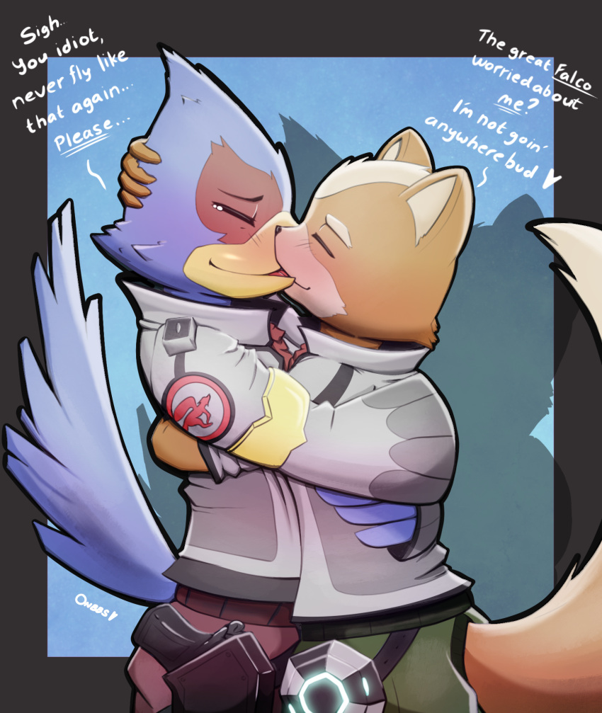 anthro avian bird blush bodily_fluids canid canine duo embrace falco_lombardi falcon falconid fox fox_mccloud hi_res kissing male male/male mammal nintendo onbbs star_fox tears worried_for_other