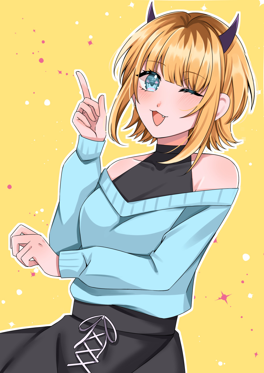 1girl absurdres black_skirt blonde_hair blue_eyes blue_jacket blue_sweater bob_cut demon_horns happy highres horns inverted_bob jacket jmfz5558 looking_at_viewer memcho one_eye_closed open_mouth oshi_no_ko simple_background skirt smile solo star_(symbol) sweater yellow_background