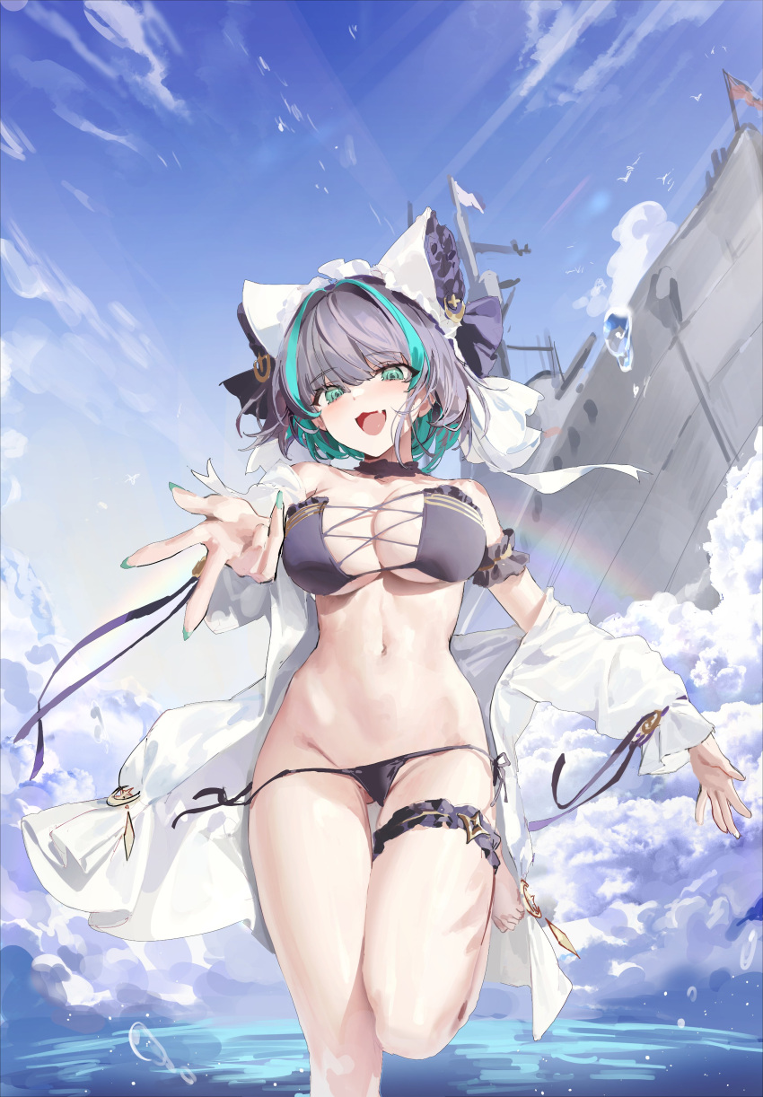 1girl absurdres animal_band animal_ears arm_garter azur_lane bikini cheshire_(azur_lane) cheshire_(summery_date!)_(azur_lane) choker fake_animal_ears fang frilled_garter frilled_ribbon frills highres leg_up maid_headdress multicolored_hair outstretched_arms pepperdevil purple_bikini purple_choker ribbon short_hair skin_fang standing standing_on_one_leg strapless strapless_bikini streaked_hair string_bikini swimsuit two-tone_hair water