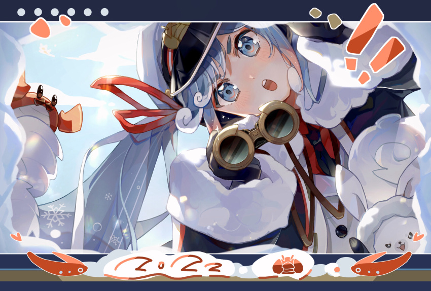 ! !! 1girl 2022 :o animal binoculars black_coat black_eyes black_gloves black_necktie blue_eyes blue_hair chinese_commentary cloud coat commentary crab day eyewear_around_neck fur-trimmed_coat fur-trimmed_hood fur_trim gloves hat hatsune_miku heart highres holding holding_binoculars hood jacket leaning_to_the_side lens_flare letterboxed long_hair looking_at_viewer military military_uniform nanasun_(nnsn02777) naval_uniform necktie open_mouth outdoors outstretched_arm peaked_cap rabbit rabbit_yukine red_shirt shirt snow snowflake_print solo teeth twintails uniform upper_teeth_only v-shaped_eyes variant_set vocaloid wavy_hair white_hair white_headwear white_jacket yuki_miku yuki_miku_(2022)