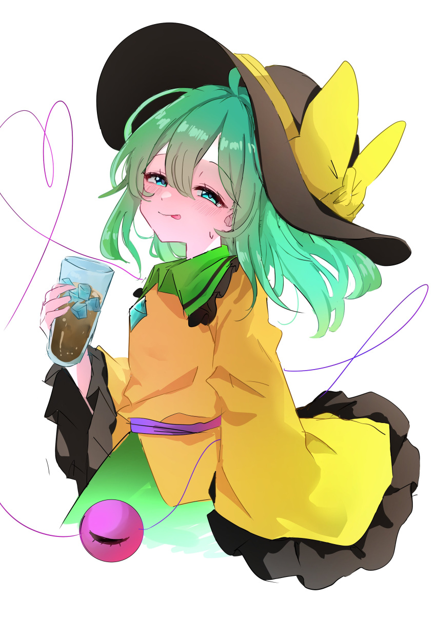 1girl absurdres black_headwear bow cola cup from_side glass green_eyes green_hair green_skirt highres holding holding_cup ice ice_cube jacket komeiji_koishi koroyarou long_hair looking_at_viewer sketch skirt smile solo touhou yellow_bow yellow_jacket