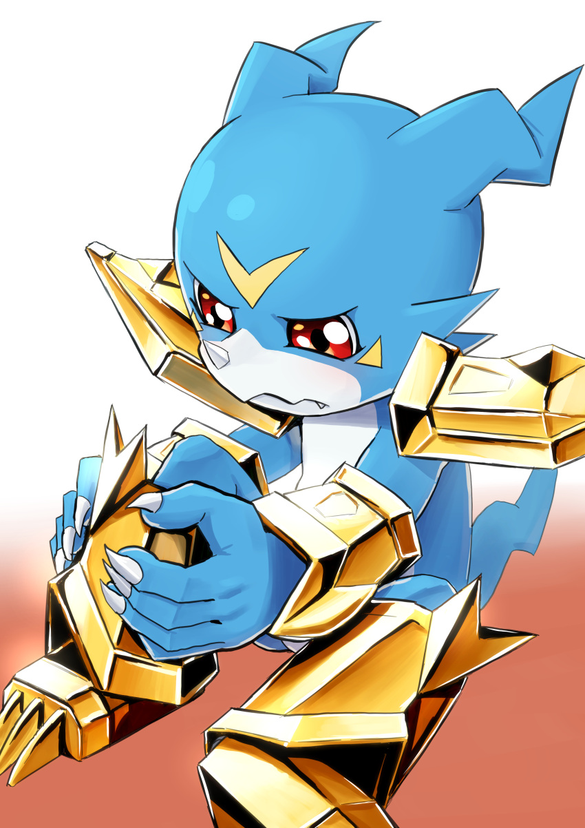 1_horn 2023 5_fingers absurd_res anthro armor bandai_namco blue_body blue_head blue_tail claws countershading digimon digimon_(species) finger_claws fingers hase_popopo hi_res horn magnamon multicolored_body red_eyes shoulder_guards solo tail teeth veemon white_body white_countershading yellow_body