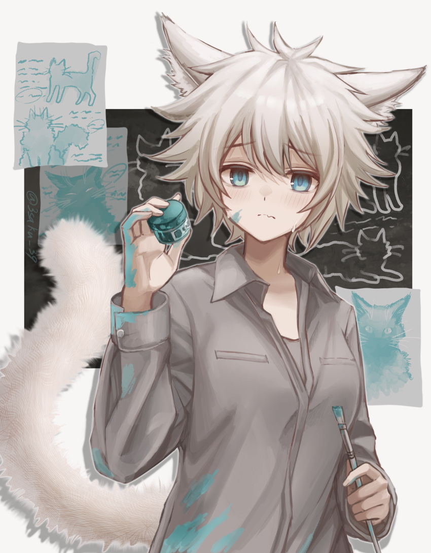 1girl 3_(sanyako1) animal_ears antenna_hair blue_eyes breasts cat_ears cat_girl cat_tail collared_shirt grey_shirt highres holding holding_paintbrush long_sleeves looking_at_viewer original paint_on_clothes paint_splatter paint_splatter_on_face paintbrush shirt short_hair small_breasts solo tail tail_raised upper_body