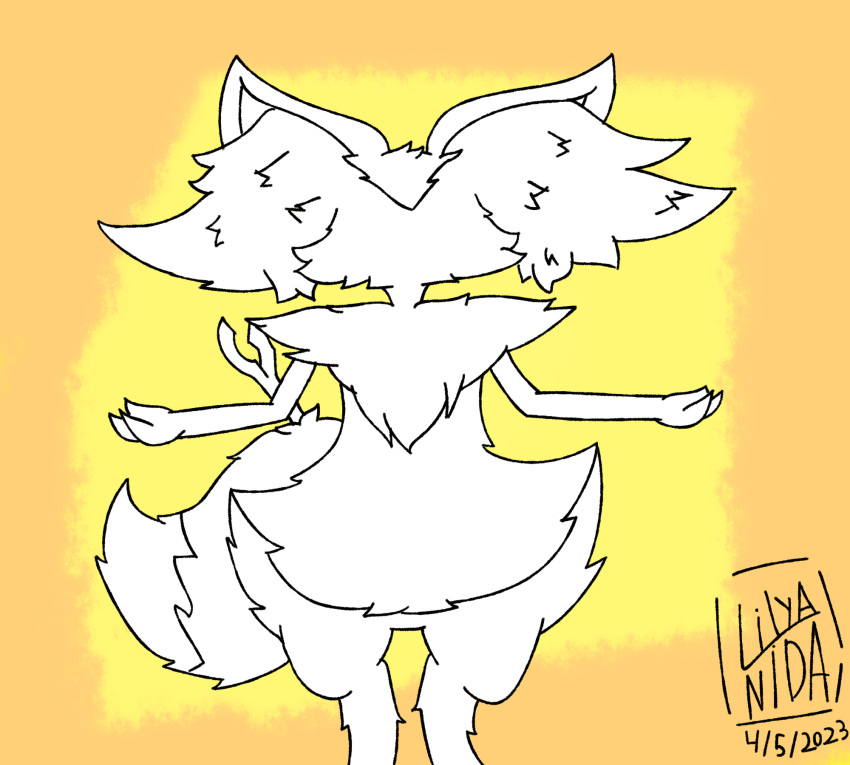 2023 ambiguous_gender anthro big_tail biped braixen canid canine dated digitigrade faceless faceless_ambiguous faceless_anthro faceless_character fluffy fox fur fur_markings generation_6_pokemon hi_res inner_ear_fluff lilya_nida mammal markings nintendo pokemon pokemon_(species) signature simple_background solo spread_arms stick tail tail_markings tuft
