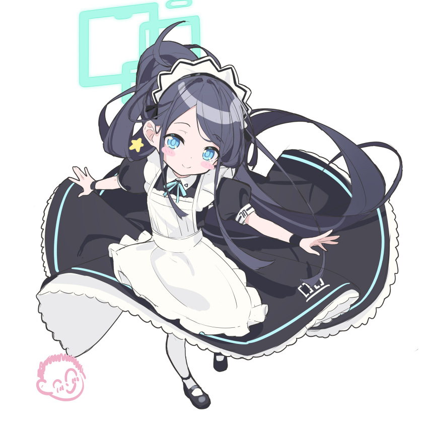 1girl aiee apron aqua_eyes aqua_ribbon aris_(blue_archive) aris_(maid)_(blue_archive) arona's_sensei_doodle_(blue_archive) black_footwear black_hair blue_archive blush_stickers commentary dress frilled_apron frilled_dress frilled_headwear frills halo highres long_hair looking_at_viewer maid maid_apron maid_headdress neck_ribbon official_alternate_costume pantyhose puffy_short_sleeves puffy_sleeves ribbon sensei_(blue_archive) short_sleeves sidelocks simple_background symbol-only_commentary white_background white_pantyhose