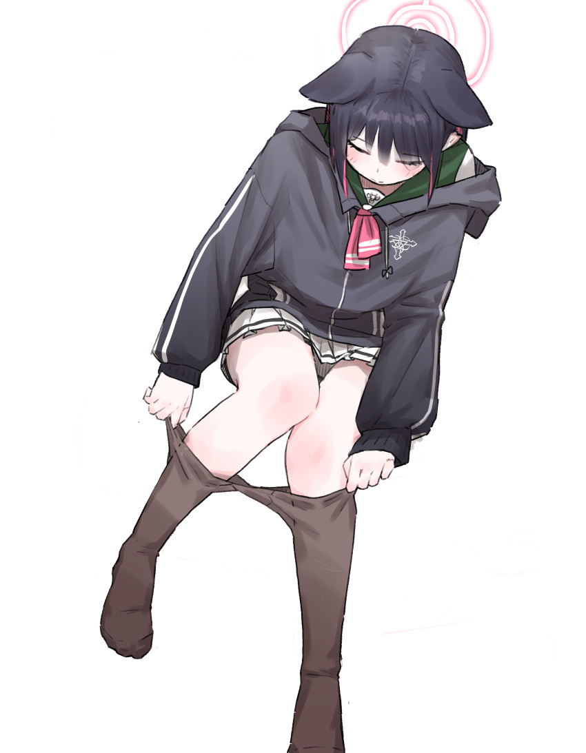 1girl absurdres animal_ears black_hair black_jacket black_pantyhose blue_archive blush cat_ears closed_eyes colored_inner_hair dressing extra_ears halo highres holding holding_clothes holding_legwear hood hooded_jacket invisible_chair jacket kazusa_(blue_archive) lakudaken long_sleeves multicolored_hair neckerchief no_shoes pantyhose pink_hair pink_neckerchief pleated_skirt school_uniform simple_background sitting skirt solo two-tone_hair white_background