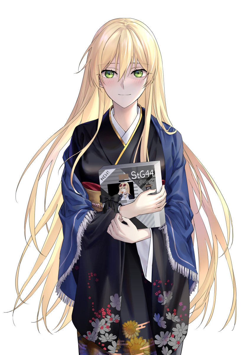 1girl absurdres black_kimono blanket blonde_hair blush breasts closed_mouth commission eyewear_on_head floral_print girls'_frontline green_eyes hair_between_eyes highres holding japanese_clothes kimono long_hair long_sleeves looking_at_viewer pixiv_commission simple_background small_breasts smile solo stg44_(detective's_sidekick)_(girls'_frontline) stg44_(girls'_frontline) suprii white_background