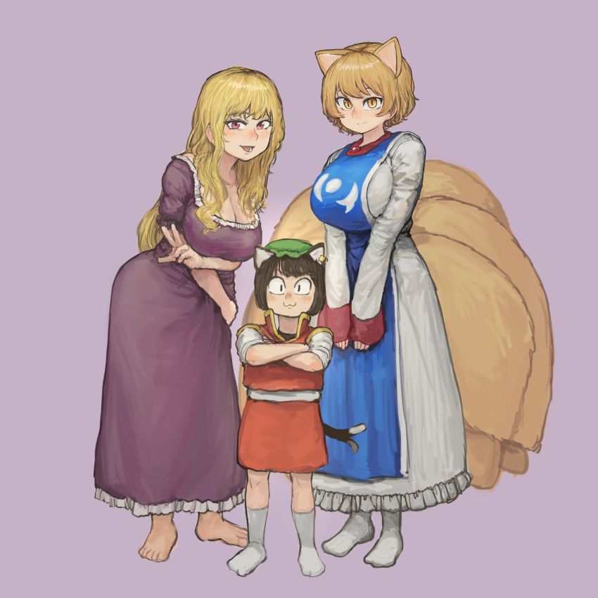 3girls :3 absurdres animal_ears blonde_hair blue_tabard blush breasts brown_hair cat_ears cat_tail chanta_(ayatakaoisii) chen cleavage crossed_arms dress fox_ears fox_tail full_body highres huge_breasts looking_at_viewer multiple_girls multiple_tails purple_background purple_dress simple_background smile tabard tail touhou w white_dress yakumo_ran yakumo_yukari