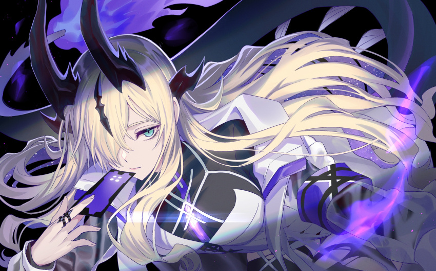 1girl aqua_eyes arknights blonde_hair breasts card closed_mouth dragon_girl dragon_horns dragon_tail dress eblana_(arknights) fiery_tail fire flame-tipped_tail hair_over_one_eye highres holding holding_card horns imone_illust jewelry long_hair looking_at_viewer medium_breasts purple_fire ring solo tail thighhighs very_long_hair white_dress