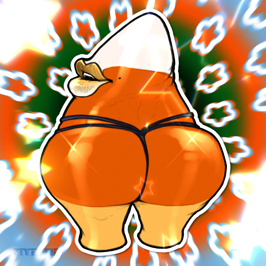 1:1 animate_inanimate anthro band1tnsfw big_breasts big_butt breasts butt candy candy_corn clothing dessert digital_drawing_(artwork) digital_media_(artwork) female food food_creature halloween hi_res holidays living_candy looking_back meme orange_body panties solo thicc_lips thick_thighs underwear white_body yellow_body