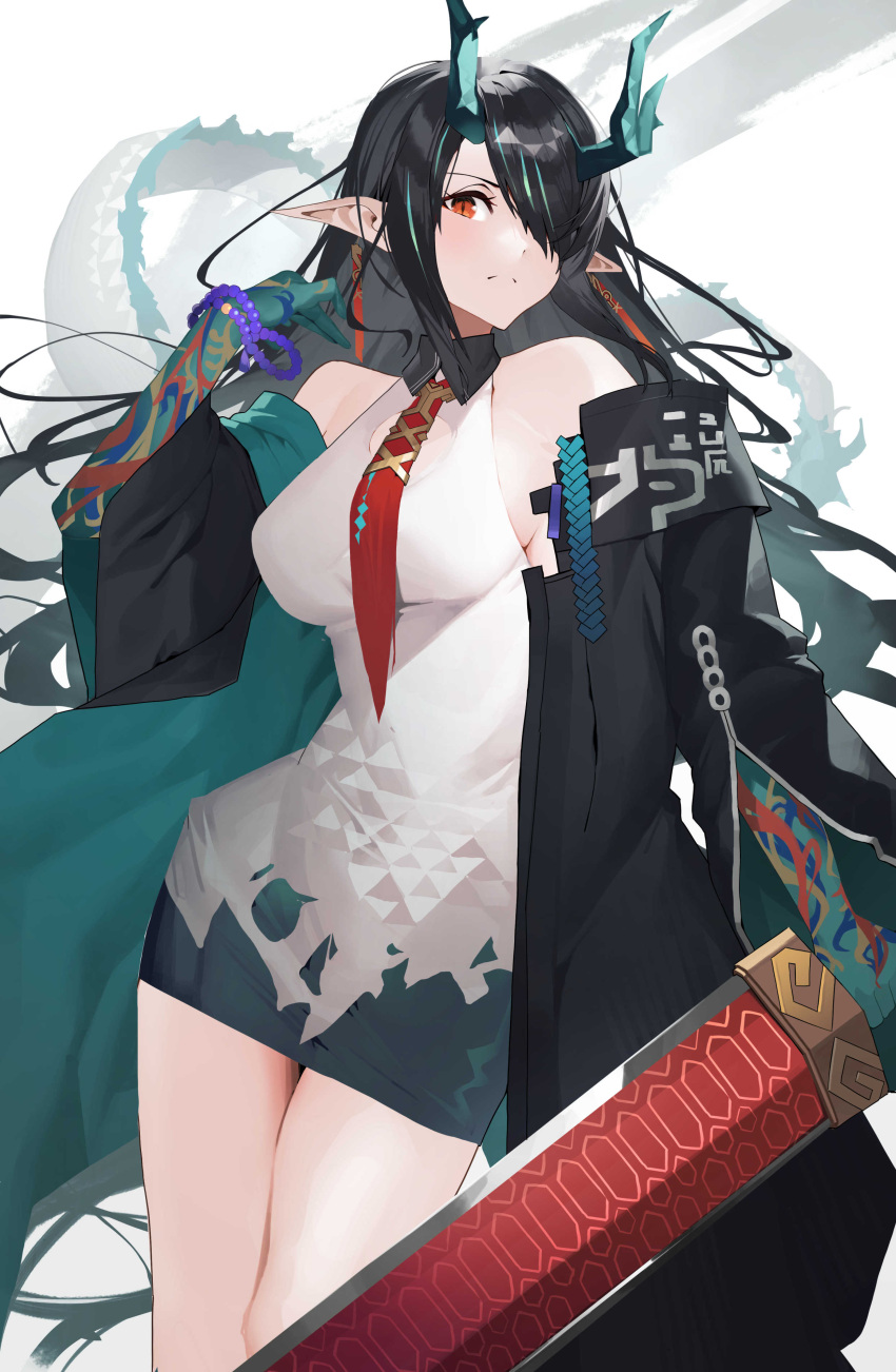 1girl absurdres arknights bare_shoulders black_hair black_jacket black_skirt blue_hair breasts collared_dress dragon_girl dragon_horns dragon_tail dress dusk_(arknights) hair_over_one_eye hand_up highres holding holding_sword holding_weapon horns jacket long_sleeves medium_breasts multicolored_hair necktie off_shoulder open_clothes open_jacket pointy_ears raitho red_eyes red_necktie simple_background skirt sleeveless sleeveless_dress solo streaked_hair sword tail weapon white_background white_dress wide_sleeves