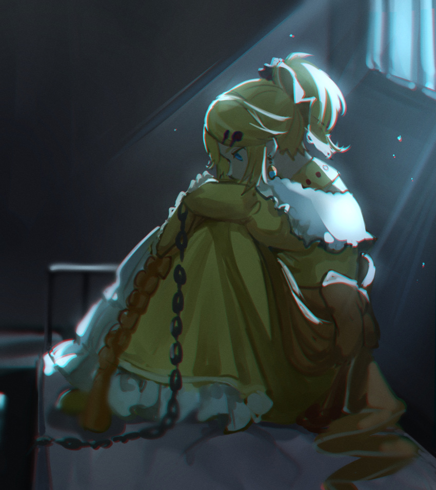 1boy aku_no_meshitsukai_(vocaloid) allen_avadonia barred_window bars blonde_hair blue_eyes blue_gemstone bow captured chain chained choker cosplay costume_switch crossdressing cuffs dim_lighting dress earrings evillious_nendaiki fetal_position frilled_dress frills gem hair_bow hair_ornament hairclip high_ponytail highres hugging_own_legs impersonation jewelry kagamine_len ktori light_particles light_rays looking_down off-shoulder_dress off_shoulder orange_bow orange_ribbon petticoat prison restrained ribbon riliane_lucifen_d'autriche riliane_lucifen_d'autriche_(cosplay) shackles solo stone_wall updo vocaloid wall yellow_bow yellow_choker yellow_dress