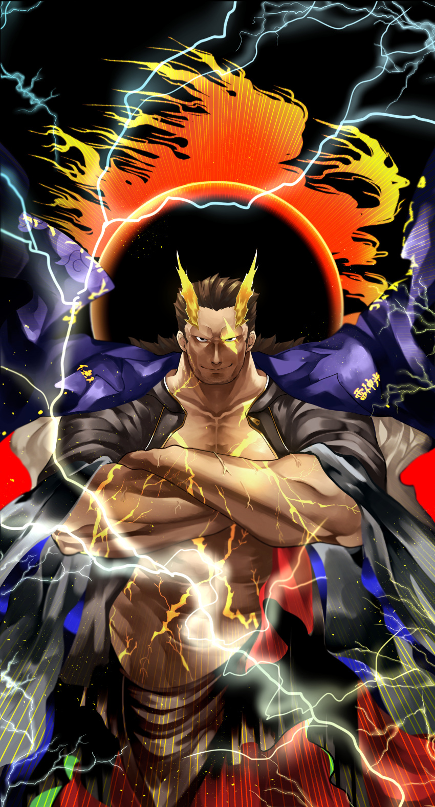 1boy abs absurdres antenna_hair bara blonde_hair character_request crossed_arms dark-skinned_male dark_skin electricity electrokinesis facial_hair glowing glowing_hair glowing_tattoo highres itaru_(kidomh63) jacket jacket_on_shoulders large_pectorals looking_at_viewer male_focus mature_male multicolored_hair muscular muscular_male no_eyebrows no_shirt pectoral_cleavage pectorals pelvic_curtain short_hair sideburns smile solo streaked_hair stubble tokyo_afterschool_summoners