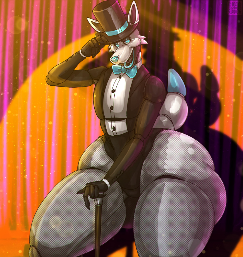 animatronic anthro big_butt butt canid canine clothing donovan fishnet five_nights_at_freddy's five_nights_at_freddy's:_security_breach fox hat headgear headwear hi_res huge_butt hybrid machine male male/male mammal robot scottgames silver solo steel_wool_studios top_hat xtrent968