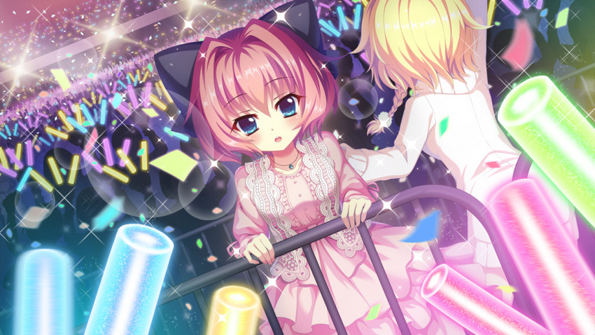 2girls against_railing arm_up black_bow blonde_hair blue_eyes bow braid breasts collarbone confetti crowd dot_nose dress film_grain game_cg glowstick hair_bow hair_intakes hand_on_another's_shoulder hasegawa_mii hiiragi_kae izumi_tsubasu jewelry lace-trimmed_dress lace_trim layered_skirt lens_flare lights looking_at_viewer medium_breasts multiple_girls necklace non-web_source official_art open_mouth pink_dress pink_hair pink_skirt railing re:stage! short_hair single_braid skirt solo_focus sparkle sweater teeth upper_teeth_only white_sweater