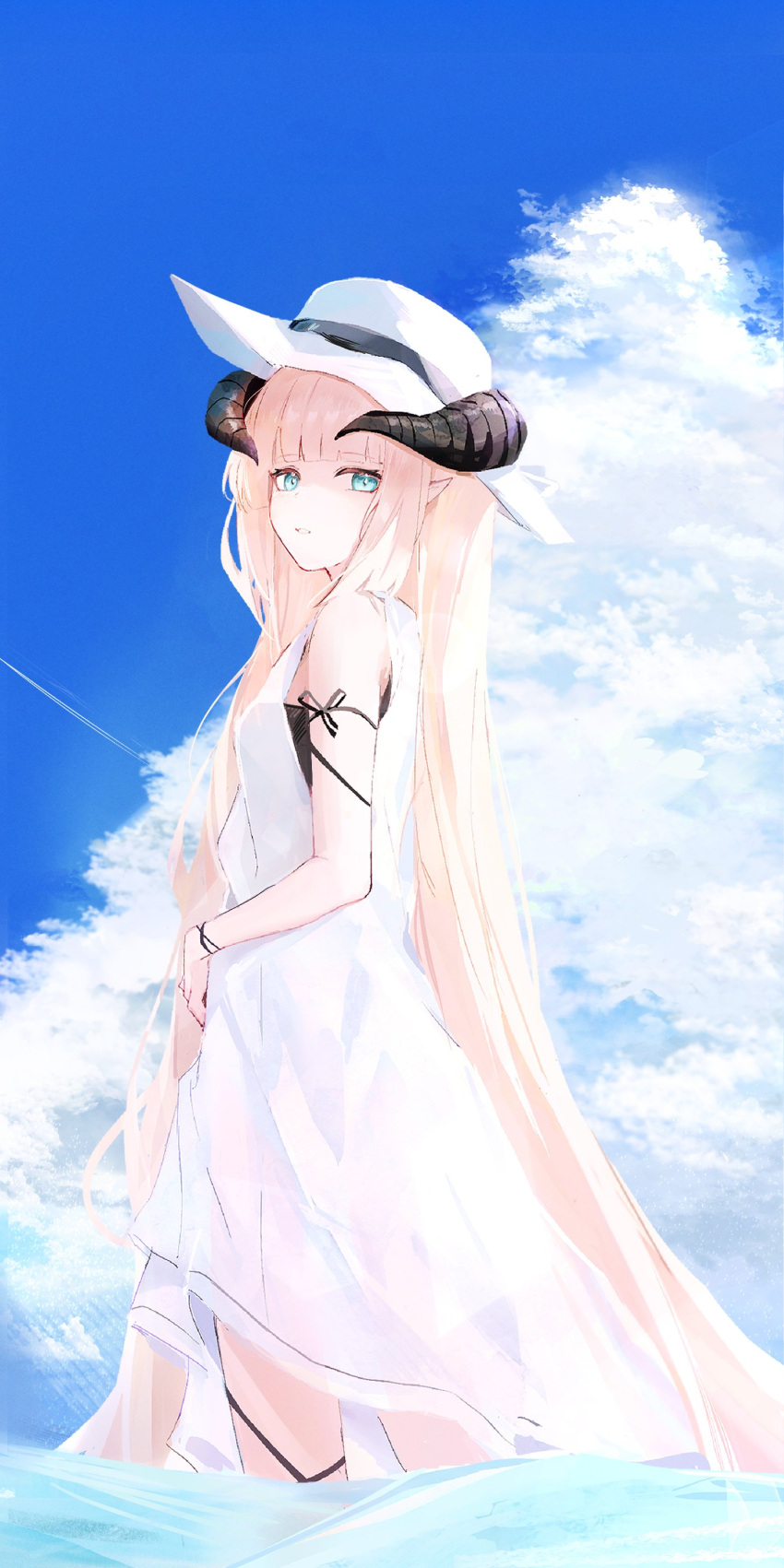 1girl absurdres alternate_costume arknights black_shirt blonde_hair blue_eyes blue_sky breasts cloud commentary demon_girl demon_horns dress from_side hat highres horns long_hair looking_at_viewer nightingale_(arknights) ocean outdoors pointy_ears shirt sikinose_val sky sleeveless sleeveless_dress small_breasts solo sun_hat thigh_strap undershirt very_long_hair wading white_dress white_headwear