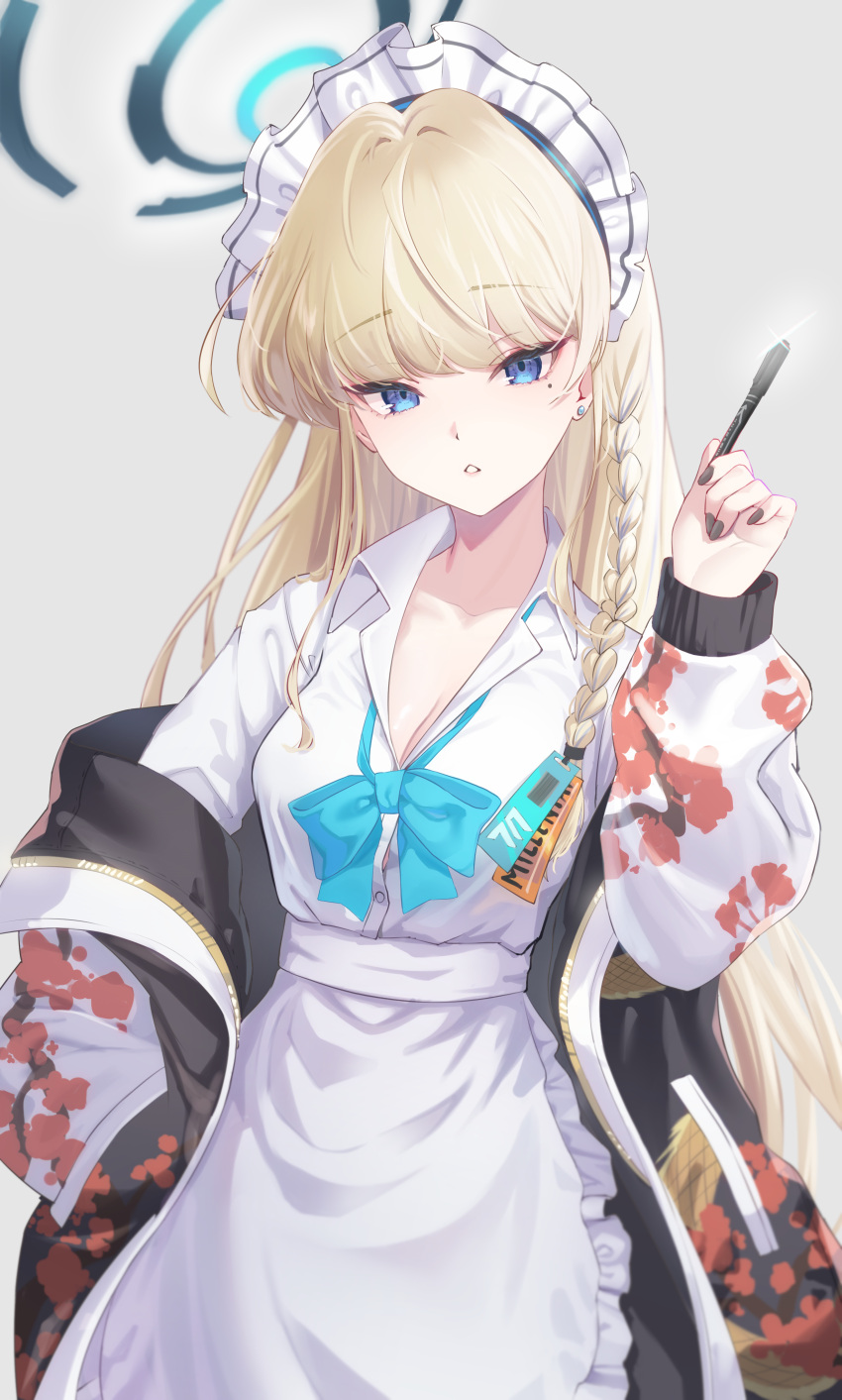 1girl :o absurdres apron aqua_bow aqua_bowtie blonde_hair blue_archive blue_eyes bow bowtie braid breasts button_gap cleavage collarbone cosplay fake_mole frilled_apron frills halo hand_in_pocket highres holding holding_marker jacket jacket_partially_removed long_hair looking_at_viewer loose_bowtie maid_apron maid_headdress marker medium_breasts mole mole_under_eye neru_(blue_archive) neru_(blue_archive)_(cosplay) open_collar sahemi shirt simple_background solo sukajan toki_(blue_archive) very_long_hair white_shirt