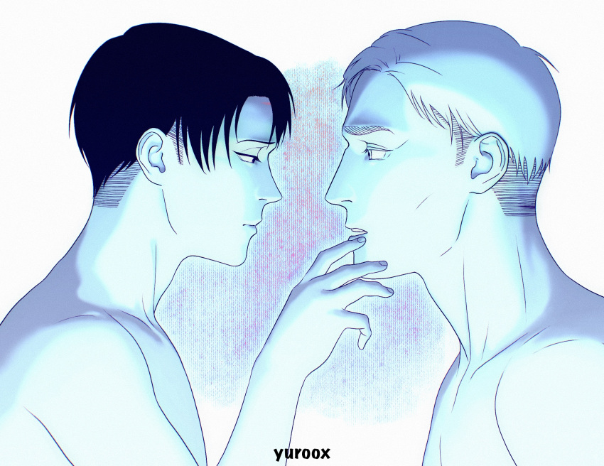 2boys black_hair blue_theme erwin_smith finger_to_another's_mouth from_side furrowed_brow half-closed_eyes highres levi_(shingeki_no_kyojin) male_focus monochrome multiple_boys nude profile shingeki_no_kyojin short_hair skinny thick_eyebrows upper_body yaoi yuroox