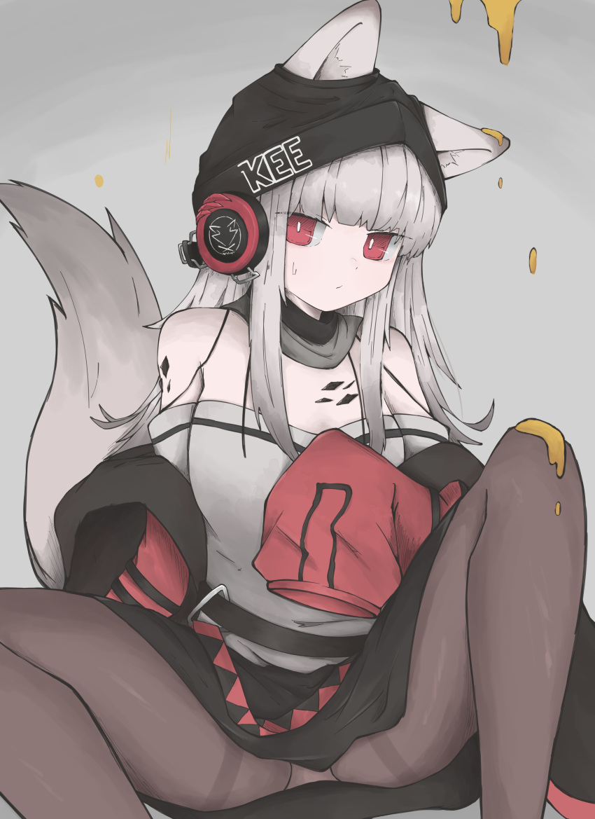1girl absurdres animal_ear_fluff animal_ears arknights bare_shoulders beanie black_headwear black_skirt brown_pantyhose closed_mouth commentary_request ears_through_headwear feet_out_of_frame frostleaf_(arknights) grey_background grey_hair grey_shirt hat headphones highres jacket knee_up long_hair long_sleeves looking_at_viewer nyo_(fy_1) off-shoulder_shirt off_shoulder open_clothes open_jacket pantyhose red_eyes red_jacket shirt sitting skirt sleeves_past_fingers sleeves_past_wrists solo spread_legs sweat tail thighband_pantyhose