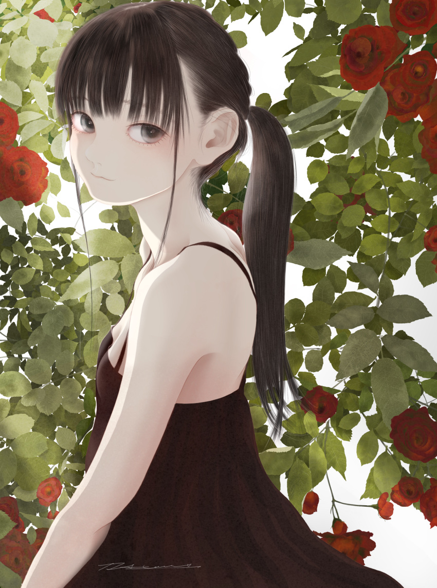 1girl :3 absurdres bare_arms bare_shoulders black_dress black_eyes black_hair breasts commentary_request dress floral_background flower from_side highres junito715 light_smile long_hair looking_to_the_side original ponytail red_flower red_rose rose sidelocks signature sleeveless sleeveless_dress small_breasts solo upper_body