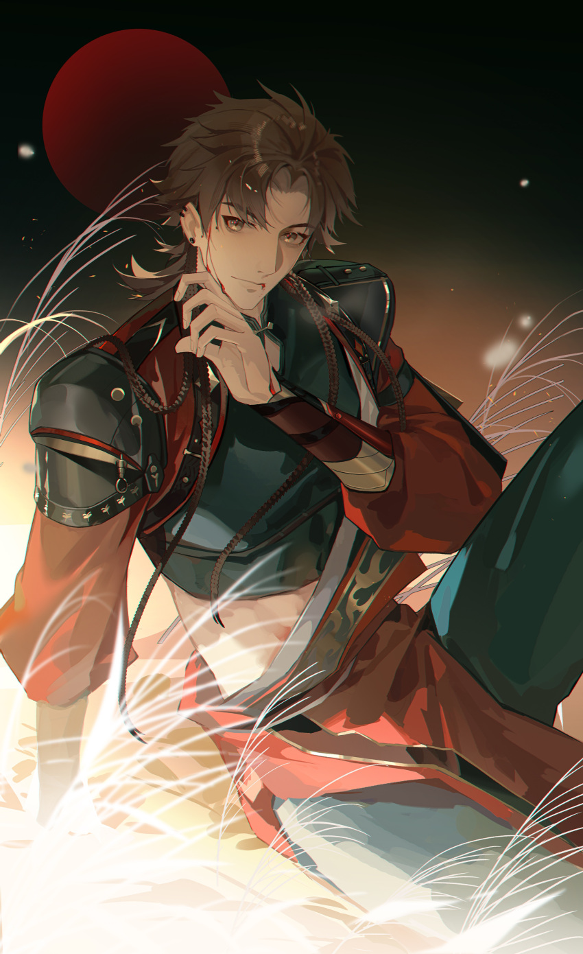 1boy absurdres blonde_hair blood blood_from_mouth blood_on_face blood_on_hands chest_armor code:_kite earrings highres jewelry long_sleeves male_focus moon parted_bangs qiu_xiong_ji_e red_moon red_sleeves short_hair sitting solo spiked_hair sun_ce_(code:_kite)
