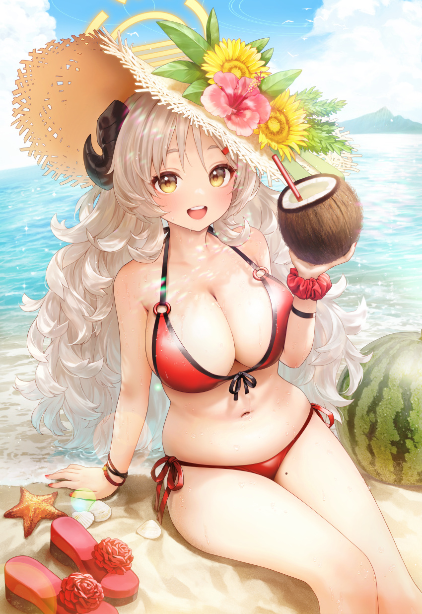 1girl absurdres adelie_cat bare_arms bare_shoulders beach bikini blue_archive breasts cleavage curled_horns day front-tie_top halterneck hat highres horns izumi_(blue_archive) izumi_(swimsuit)_(blue_archive) large_breasts long_hair looking_at_viewer mole mole_on_thigh navel official_alternate_costume open_mouth outdoors red_bikini side-tie_bikini_bottom smile solo stomach straw_hat string_bikini swimsuit very_long_hair wet white_hair yellow_eyes