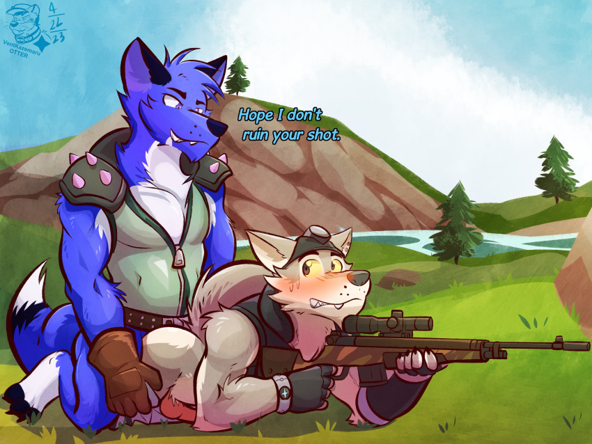 2023 5_fingers anthro canid canine canis clothing coyote dialogue digital_media_(artwork) english_text epic_games fingerless_gloves fingers fortnite gloves grass gun handwear hi_res male male/male mammal plant ranged_weapon rifle river rock scenery sex sniper_rifle text tree ventkazemaru watermark weapon wendell_(fortnite) wolf