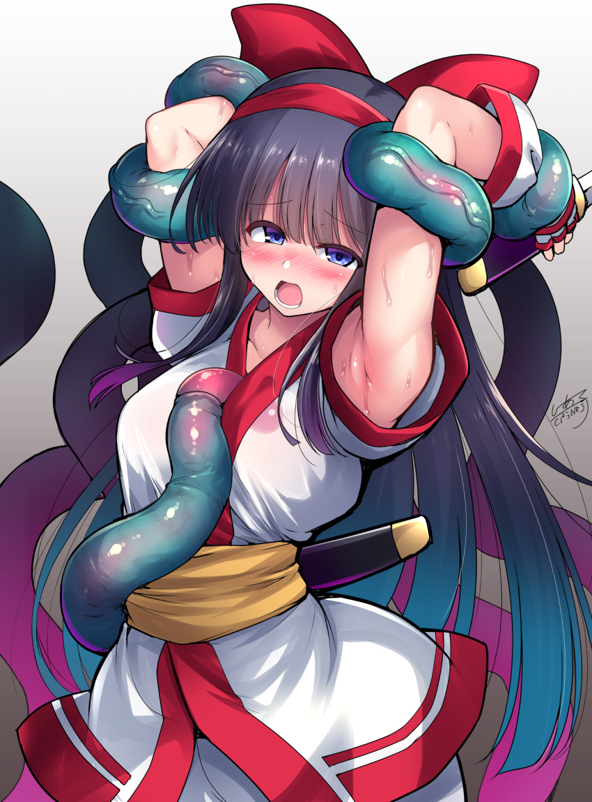1girl armpits arms_up black_hair blue_eyes blunt_bangs blush c.r. character_request commentary_request detached_sleeves gradient_background hairband highres long_hair molestation open_mouth original red_hairband red_trim restrained sash shirt short_sleeves signature solo tentacles upper_body very_long_hair white_shirt yellow_sash