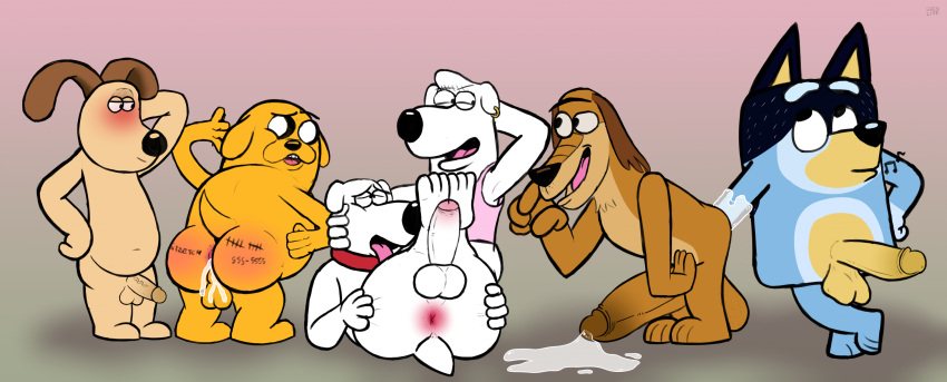 aardman_animations adventure_time anal anal_fisting anthro anus balls bandit_heeler bluey_(series) bodily_fluids body_writing brian_griffin butt canid canine canis cartoon_network cum domestic_dog dukey family_guy fisting genital_fluids genitals gromit_(wallace_and_gromit) hi_res humanoid_genitalia humanoid_penis jake_the_dog jasper_(family_guy) johnny_test_(series) male male/male mammal penetration penis tally_marks vermonttheseagull wallace_and_gromit