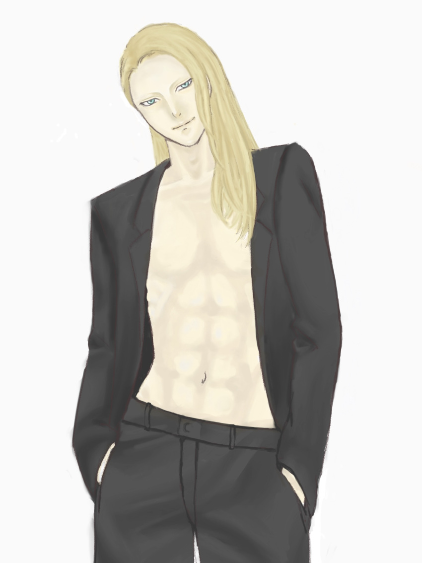 1boy abs bare_pectorals black_jacket black_pants blonde_hair blue_eyes cowboy_shot fate/grand_order fate_(series) hands_in_pockets highres jacket long_hair male_focus navel open_clothes open_jacket pants pectorals sasami-telepath simple_background smile solo tezcatlipoca_(fate) white_background