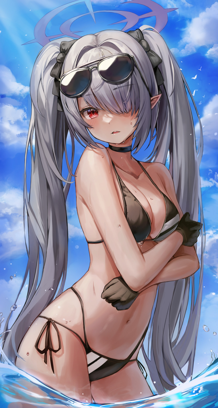 1girl absurdres bikini black_gloves blue_archive blush breasts choker dark-skinned_female dark_skin eyewear_on_head gloves grey_hair hair_over_one_eye halo highres iori_(blue_archive) iori_(swimsuit)_(blue_archive) long_hair looking_at_viewer navel ochya pointy_ears red_eyes solo sunglasses swimsuit tail twintails very_long_hair