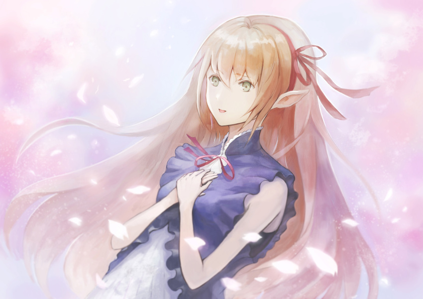 1girl absurdres arisa_(shadowverse) blonde_hair breasts flower green_eyes hair_ribbon hairband hand_over_heart highres long_hair open_mouth pointy_ears princess_connect! red_ribbon ribbon scenery sleeveless solo touchika