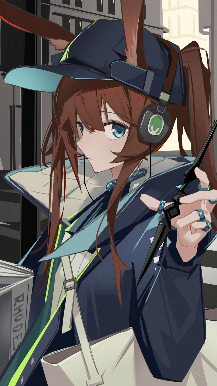 1girl absurdres amiya_(arknights) amiya_(newsgirl)_(arknights) arknights bag black_headwear black_jacket blue_collar brown_hair building chichi_guai collar ears_through_headwear hair_between_eyes hand_up headphones highres holding holding_newspaper holding_wand jacket jewelry long_hair long_sleeves looking_at_viewer multiple_rings newspaper official_alternate_costume outdoors ponytail ring shoulder_bag sidelocks solo upper_body wand white_bag