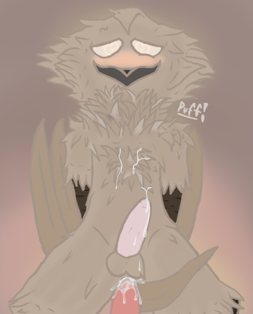 &lt;3 &lt;3_eyes absurd_res anal anal_penetration avian balls beak beak_markings bird blush bodily_fluids brown_body brown_feathers brown_fur chest_tuft cum cum_drip cum_inside cum_on_chest cum_on_chest_fluff dripping duo erection feathers fur genital_fluids genitals hands_behind_back hi_res humanoid kneeling looking_pleasured looking_up lustdevil male male/male markings neck_tuft open_mouth owl penetration sex simple_background smile tail_feathers text tuft unknown_species