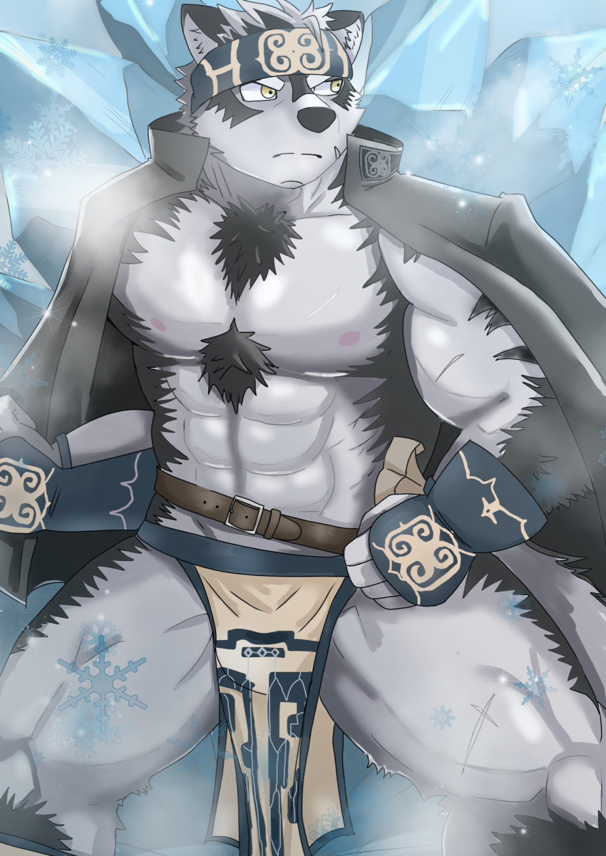 abs accessory anthro armguards bare_chest body_hair bottomwear canid canine canis chest_hair clothing fur grey_body grey_fur headband hi_res horkeu_kamui_(tas) horokeikam_love jacket lifewonders loincloth male mammal muscular muscular_anthro muscular_male nipples pecs solo tokyo_afterschool_summoners topwear wolf yellow_eyes
