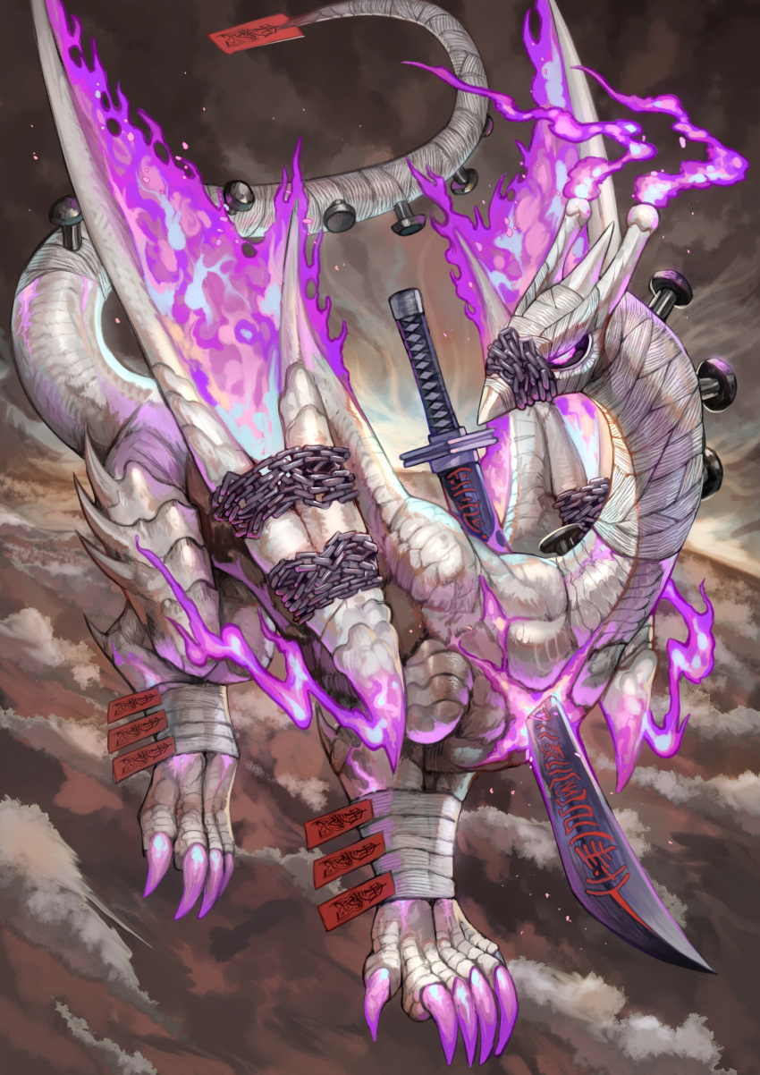 above_clouds absurdres beak black_sclera blue_eyes bound bound_arms bound_legs bound_wings bright_pupils brown_background chain chained claws cloud colored_sclera dragon fiery_wings fire full_body grey_scales highres horns impaled katana looking_at_viewer monster nail no_humans original outdoors pink_eyes pink_fire scales solo sumosamo sword tail tail_wrap weapon white_horns wings