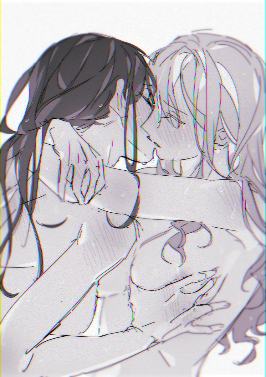 2girls absurdres bluish_gray_cat blush breasts character_request closed_eyes ear_blush full-face_blush grabbing grabbing_another's_breast hand_blush highres imminent_kiss large_breasts long_hair multiple_girls parted_lips project_sekai shoulder_blush tongue yuri